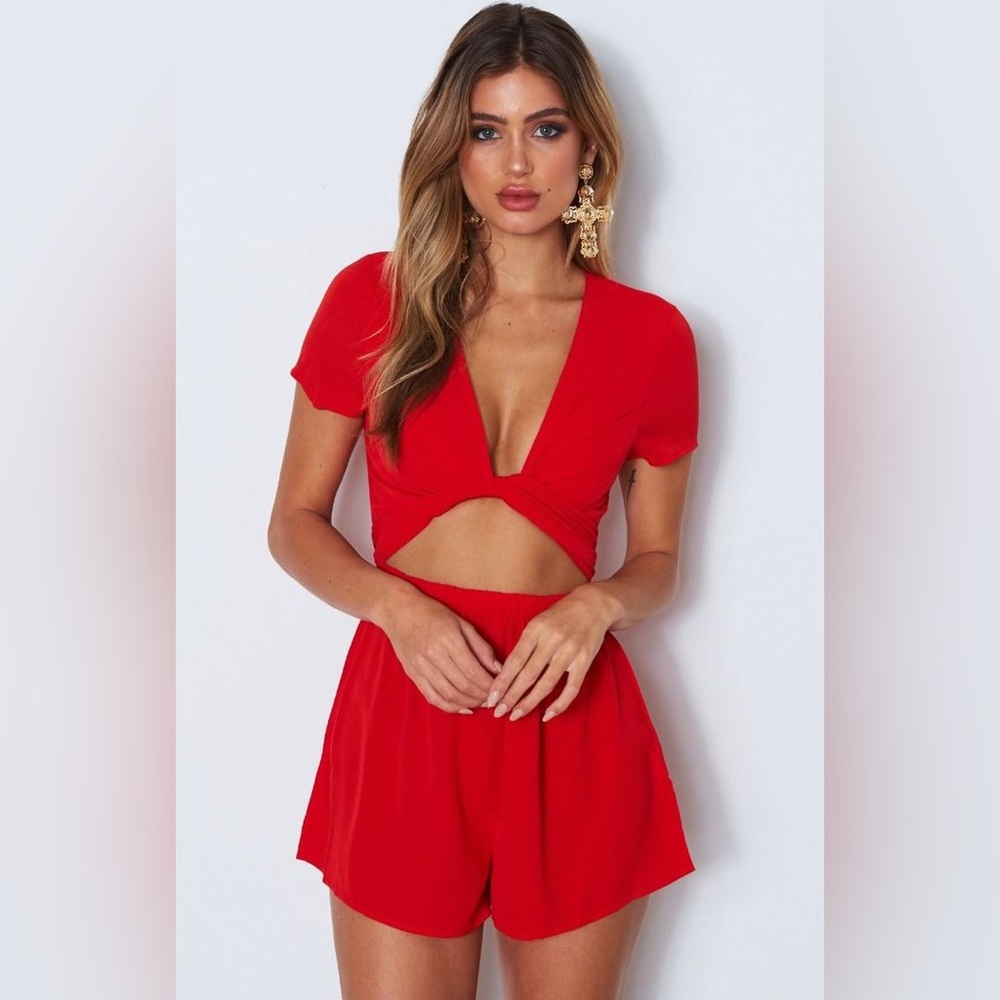 Red Short Sleeve Tie-Front Romper